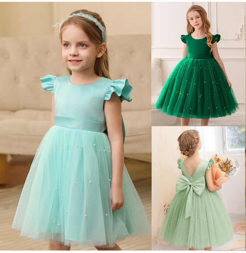 Gd4340- พร้อมส่งจากไทย ชุดออกงานเด็กหญิงสีเขียว แขนระบายสุดน่ารัก โบว์ใหญ่สวยๆ แยกจากชุดได้ ตกแต่งมุกที่กระโปรง ตัวเสื้อเงาดุจผ้าไหม ชุดราตรีเด็กทรงสั้น