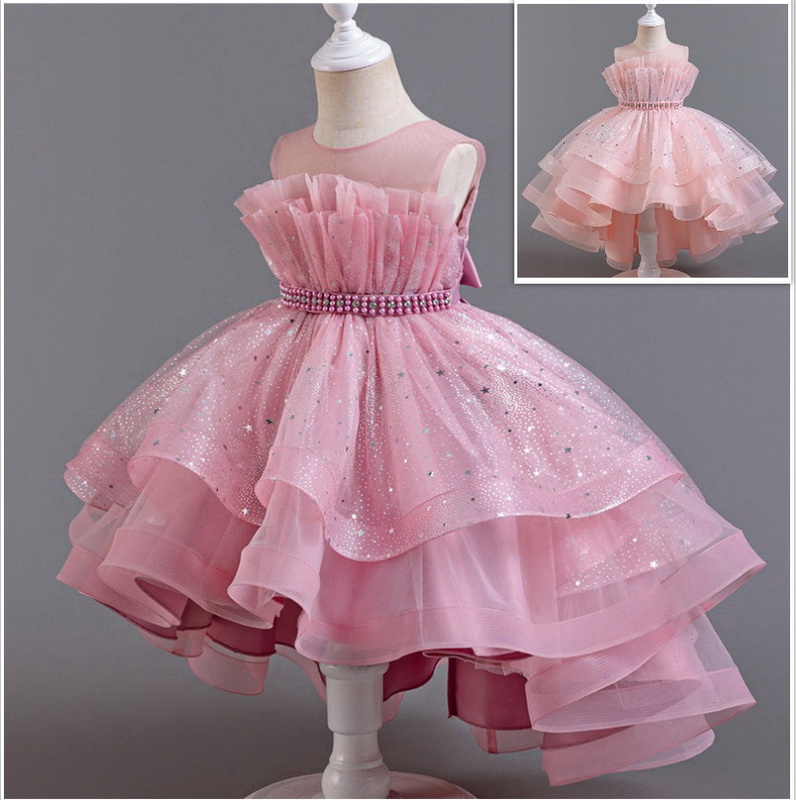 Gd4094- พร้อมส่งจากไทย ชุดออกงานเด็กหญิงสีชมพู และชมพูกลีบบัว สุดสวยหรูดูฟรุ้งฟริ้ง ไหล่ซีทรู ชุดราตรีเด็กทรงหน้าสั้น-หลังยาว แบบเดรสหางปลา