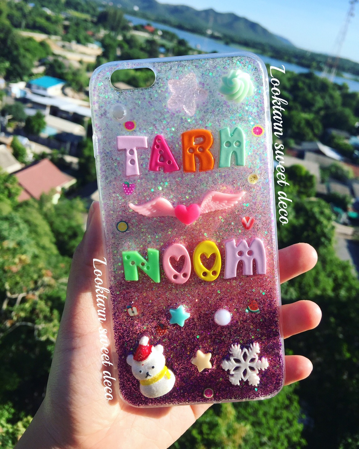 เคสกากเพชรขาว ชมพูเข้ม ม่วง อักษรคละสี
