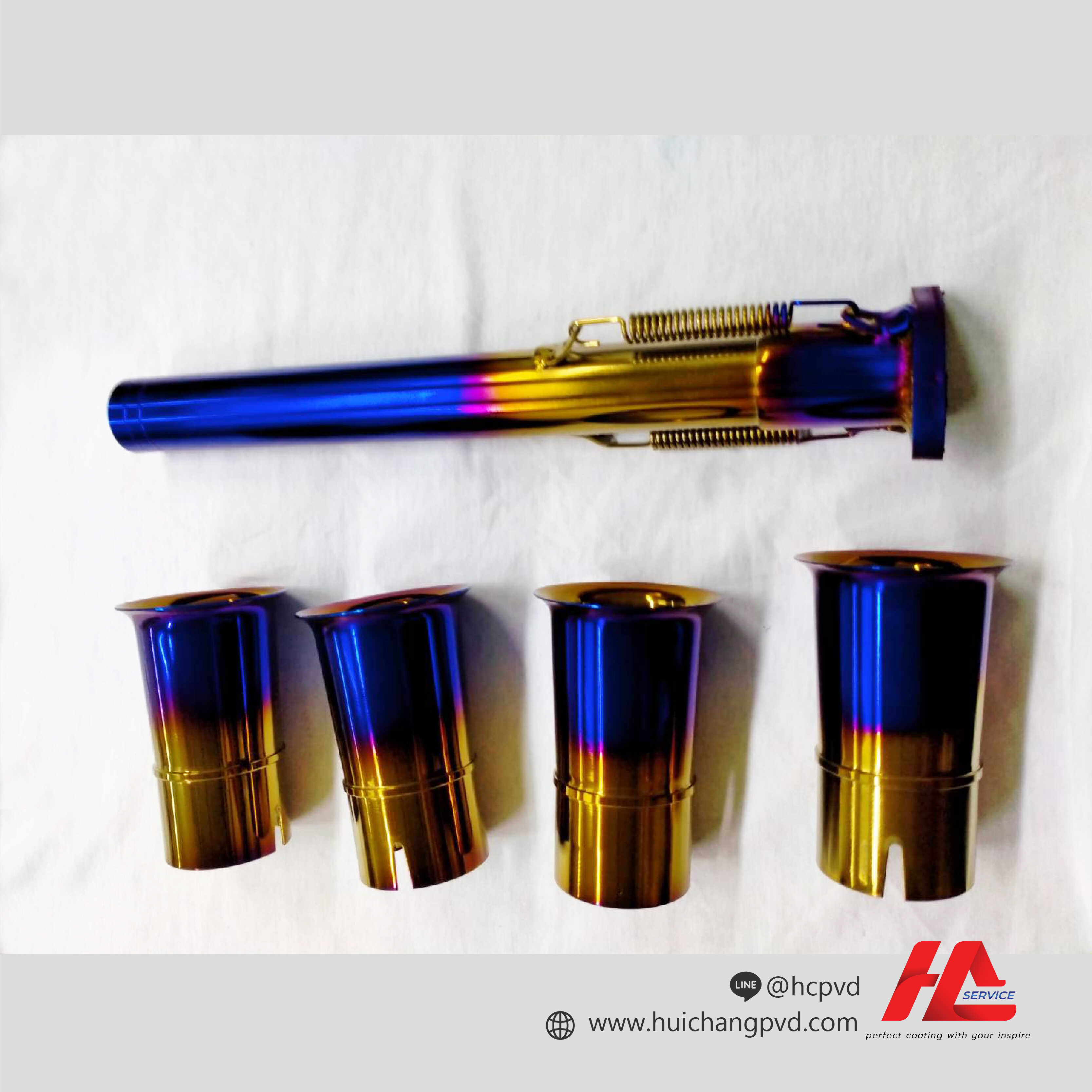 ตัวอย่างงานเคลือบสี ชุบสี ชิ้นส่วนรถยนต์ สีน้ำเงินตัดทอง | PVD Coating