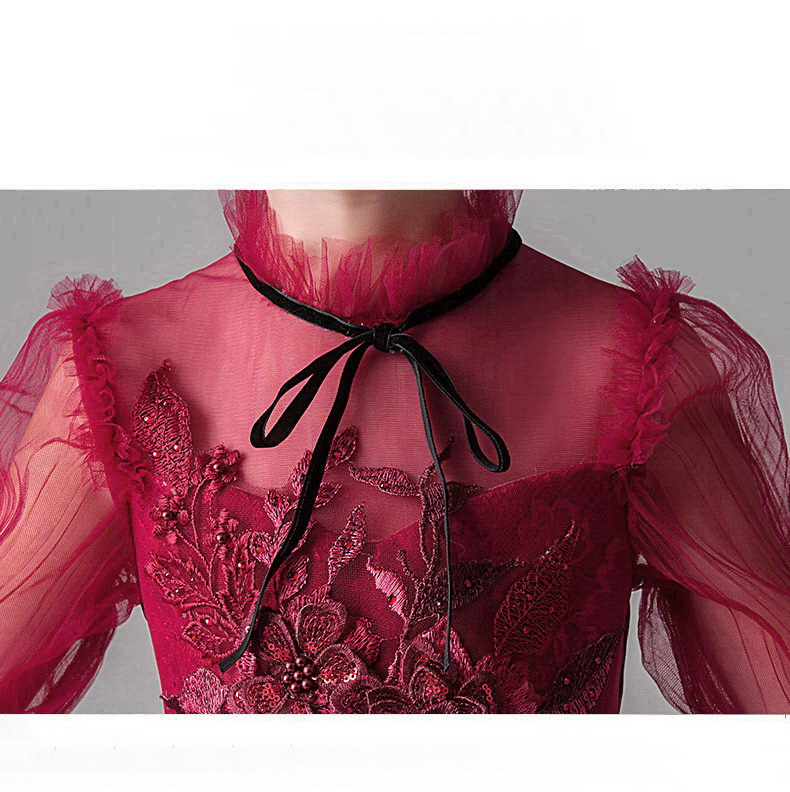 Gd3600- พร้อมส่ง ชุดราตรีเด็กสีแดงเข้ม ชุดออกงานเด็กหญิง แขนยาว ทรงหน้าสั่น-หลังยาวพองฟูสวยหรู แนววินเทจผู้ดีอังกฤษ