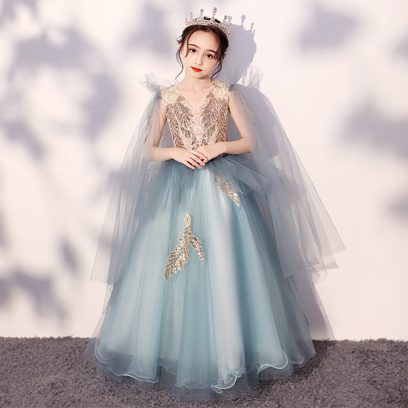 Gd3937- พร้อมส่งจากไทย ชุดออกงานเด็กหญิงสีฟ้า ประดับสีทอง สไตล์สวยสุดหรูดุจเจ้าหญิง ชุดราตรีเด็กทรงยาว แขนตุ๊กตา ชุดออกงานการแสดง
