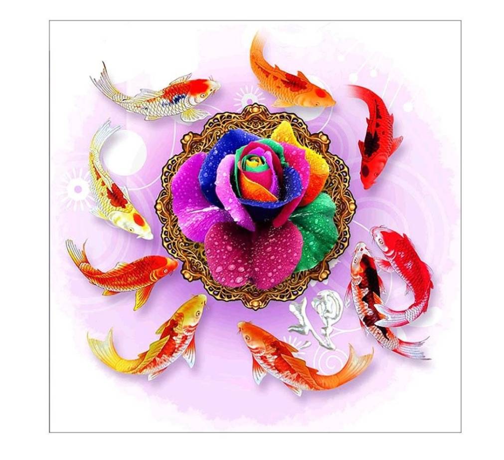 5D DIY Diamond Painting ไดมอนด์ครอสติส ลายดอกโบตั๋นหลากสีกับปลาคราฟ ขนาด 30x30ซม.แบบใส่ซอง