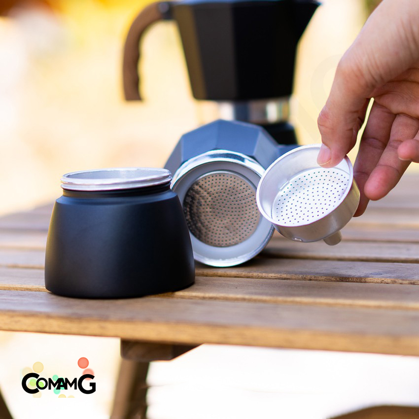 Moka Pot กาต้มกาแฟสดพกพา รุ่นหนา หม้อต้มกาแฟ ทรงแปดเหลี่ยม หูจับลายไม้ มีหลายสี