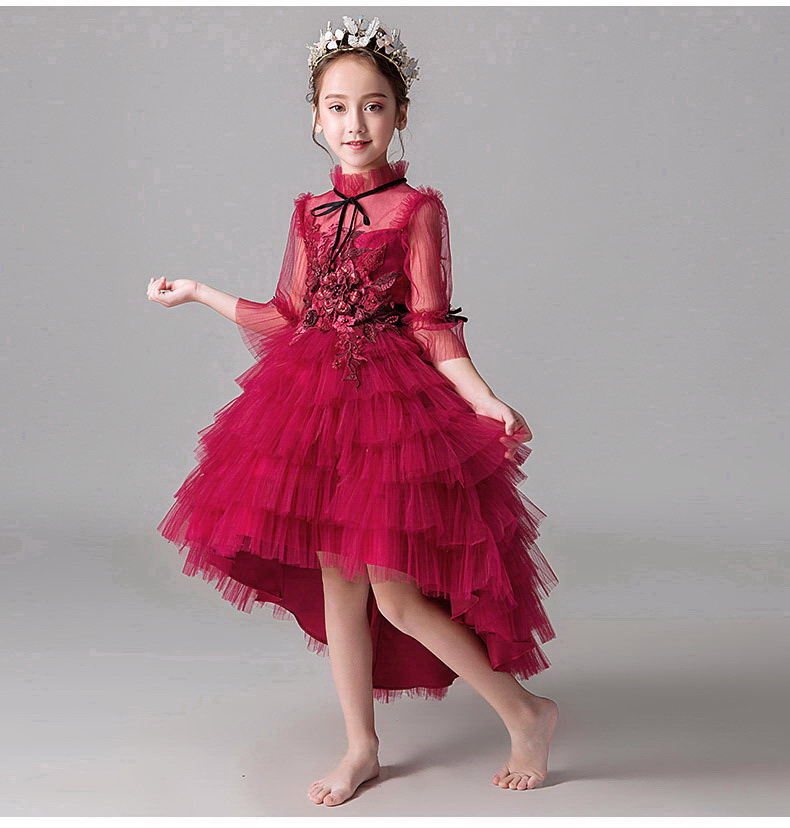 Gd3600- พร้อมส่ง ชุดราตรีเด็กสีแดงเข้ม ชุดออกงานเด็กหญิง แขนยาว ทรงหน้าสั่น-หลังยาวพองฟูสวยหรู แนววินเทจผู้ดีอังกฤษ