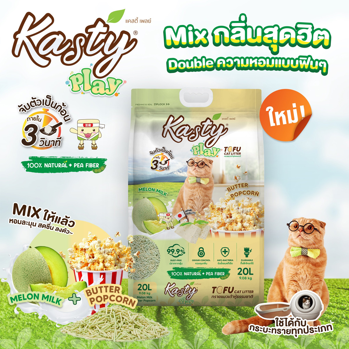 Kasty Play Tofu Litter แคสตี้ เพลย์ ทรายแมวเต้าหู้ธรรมชาติ ขนาด 20 L