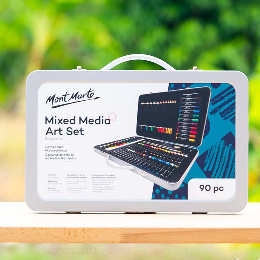 ชุดสี Mont Marte กระเป๋ากล่องเหล็ก อุปกรณ์วาดรูป 90 ชิ้น สีอะคริลิค ชอล์คน้ำมัน สีไม้ เมจิก พร้อมพู่กัน และอุปกรณ์วาดเขียน