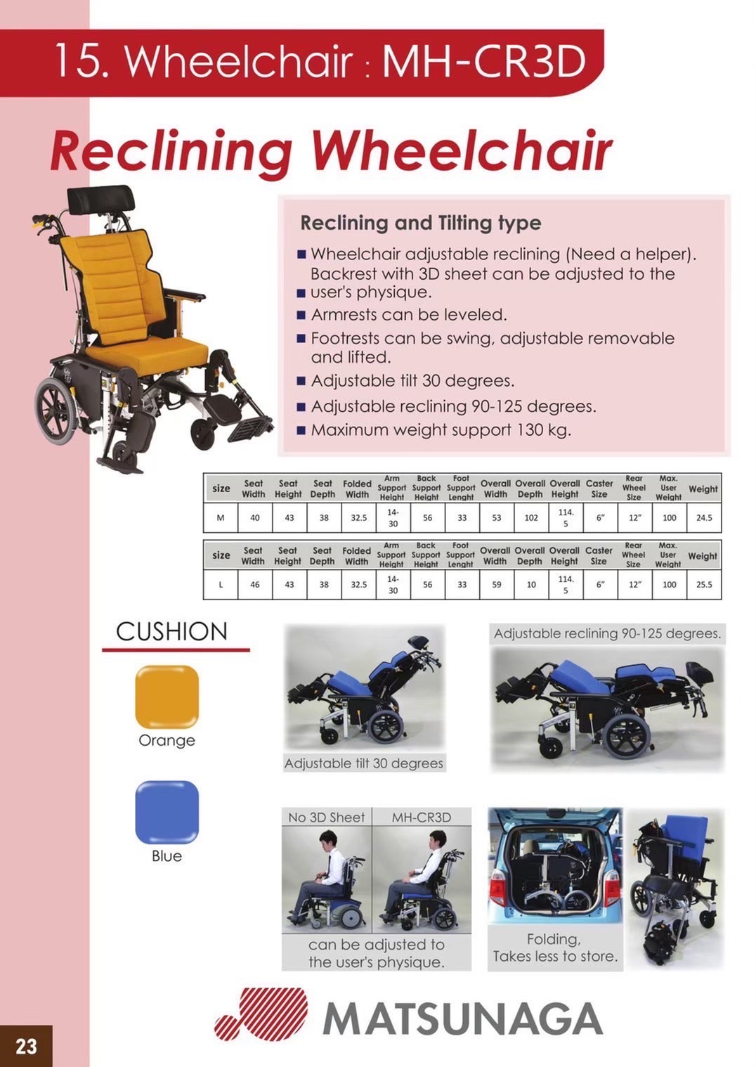 รถเข็นปรับเอนนอน แบรนด์ญี่ปุ่น Matsunaga Wheelchair (車いす) รุ่น MHCR3D พับได้ พกพาสะดวก ถอดชิ้นส่วนได้ นั่งสบาย ดีไซด์สวย