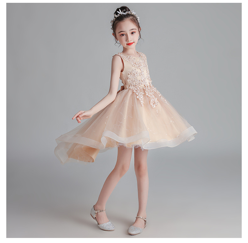 Gd3997- พร้อมส่งจากไทย ชุดออกงานเด็กหญิงสีครีม ลูกไม้สวยกระโปรงฟรุ้งฟริ้ง ชุดราตรีเด็กทรงหน้าสั้น-หลังยาวแบบบเดรสหางปลา ชุดออกงานการแสดง