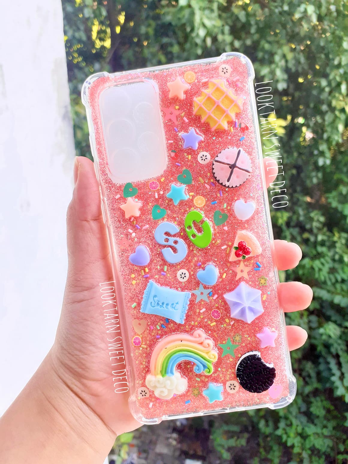 เคสกากเพชรสีชมพูเข้ม อักษรฟอนต์กระดุม