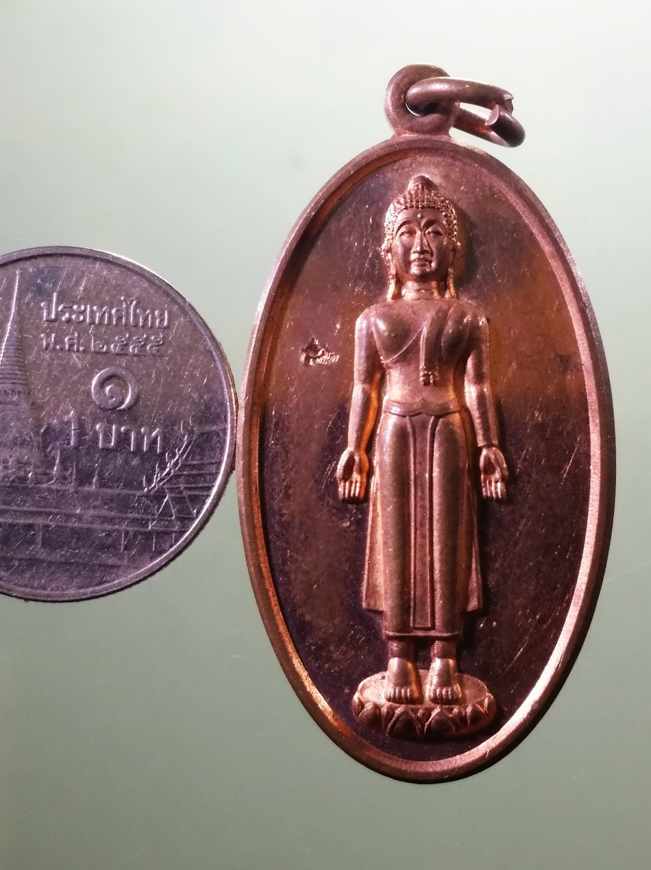 รหัสสินค้า เหรียญพระพุทธ 4103 เหรียญพระพุทธปางเปิดโลก เนื้อทองแดงผิวไฟ หลังพระอาจารย์ ฐิตธัมโม วัดภูสว่างแสงธรรม อำเภอนายูง จังหวัดอุดรธานี ตอกโค๊ต ด้านหน้า ขนาดเมื่อเทียบกับเหรียญบาท