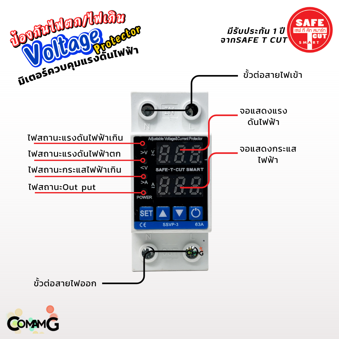 Safe T Cut ป้องกันไฟตก /ไฟเกิน/กระแสเกิน มิเตอร์ควบคุมแรงดันไฟฟ้า 1เฟส 63A