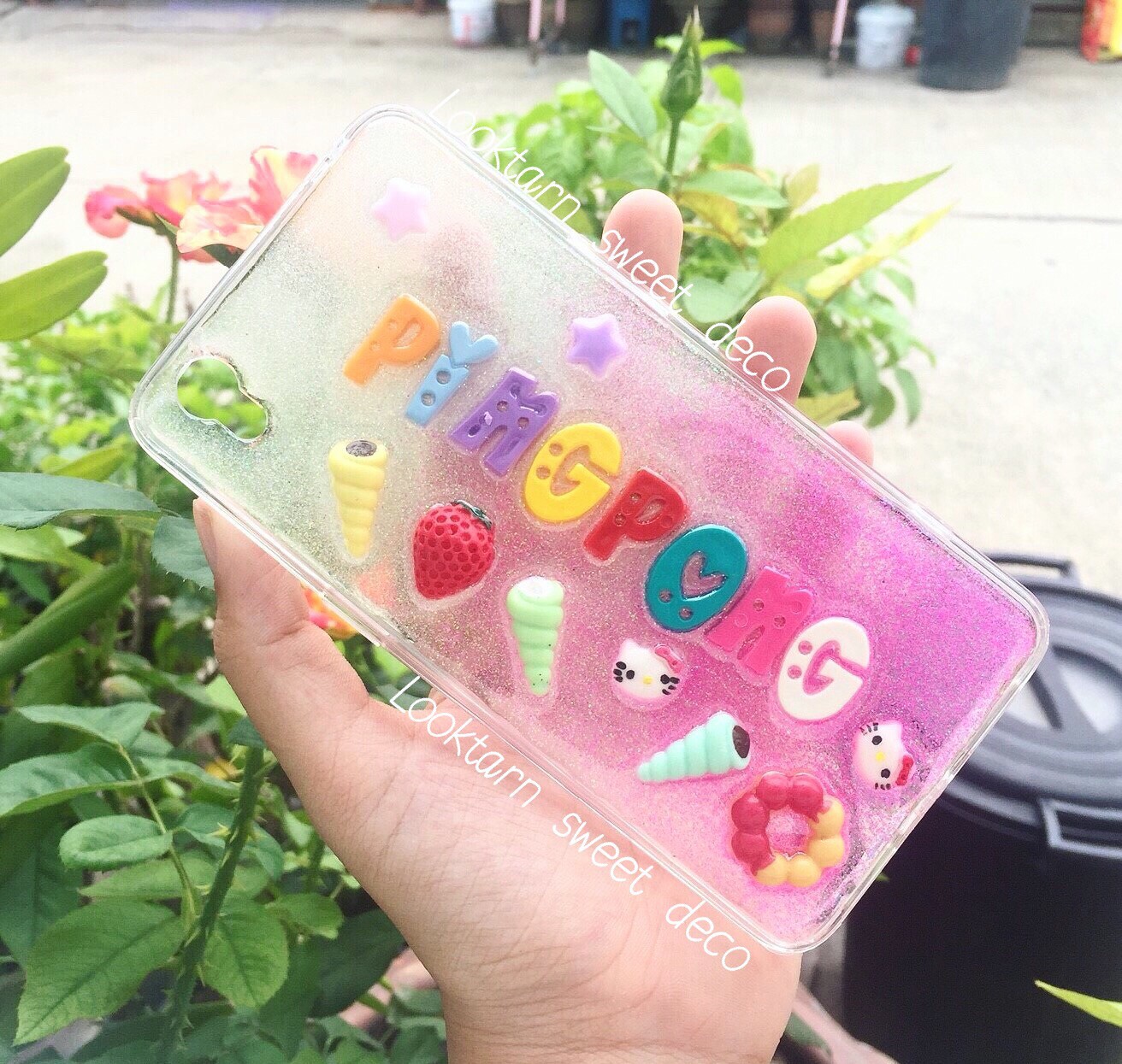 เคสกากเพชรขาว ชมพู อักษรคละสี