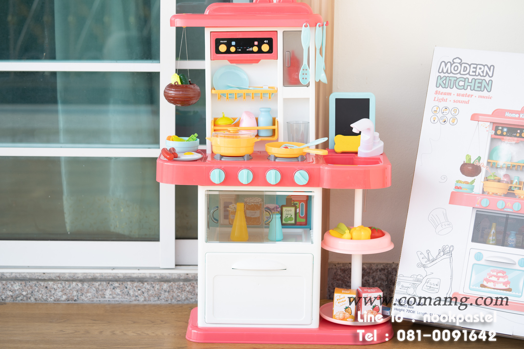 โต๊ะครัวสีชมพูพร้อมอุปกรณ์ 43 ชิ้น น้ำไหลได้จริง (เตาแก๊สมีไอน้ำ)