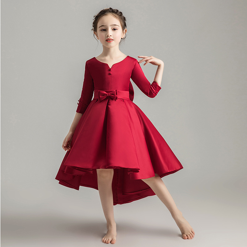 Gd35002-2 พร้อมส่ง ชุดออกงานเด็กหญิงสีแดงเข้ม ชุดราตรีเด็กทรงหน้าสั้น-หลังยาวแบบเดรสหางปลา โบว์ใหญ่แยกได้ แขนยาวสามส่วน