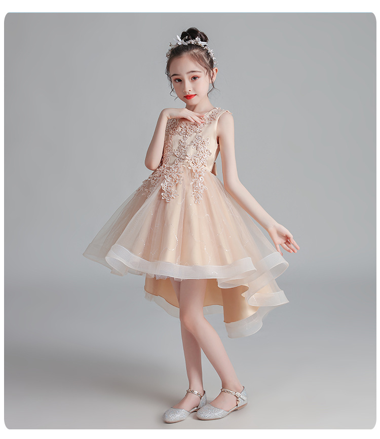 Gd3997- พร้อมส่งจากไทย ชุดออกงานเด็กหญิงสีครีม ลูกไม้สวยกระโปรงฟรุ้งฟริ้ง ชุดราตรีเด็กทรงหน้าสั้น-หลังยาวแบบบเดรสหางปลา ชุดออกงานการแสดง