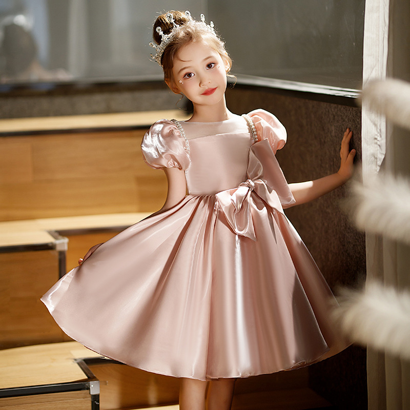 Gd4510- พร้อมส่งจากไทย ชุดออกงานเด็กหญิงสีชมพู แขนตุ๊กตาร้อยมุกสุดหรูหรา ติดโบว์แยกจากชุดได้ ผ้าสวยหรูหราดุจไหม เด็กเล็ก-เด็กโต ชุดราตรีเด็กทรงสั้น