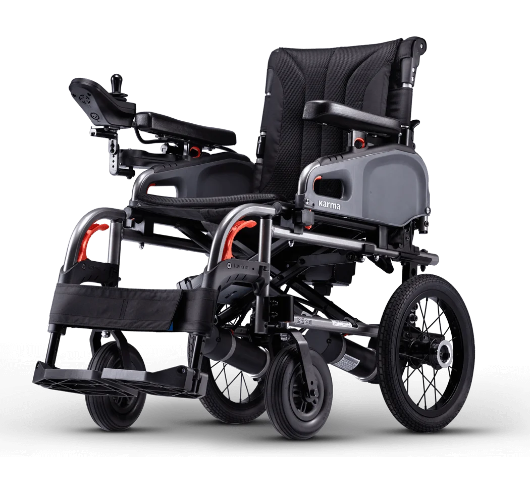 รถเข็นไฟฟ้าคาร์ม่า Eflexx (Power WheelChair KARMA Eflexx) ล้อหลังมี 2 ขนาดเล็ก 14 นิ้ว และล้อใหญ่ 20 นิ้ว สามารถเลือกได้ พับเก็บได้ พนักพิงหลังปรับได้ แบตเตอรี่ถอดและติตตั้งง่าย น้ำหนักเบา เคลื่อนย้ายสะดวก (รุ่นยอดนิยม)