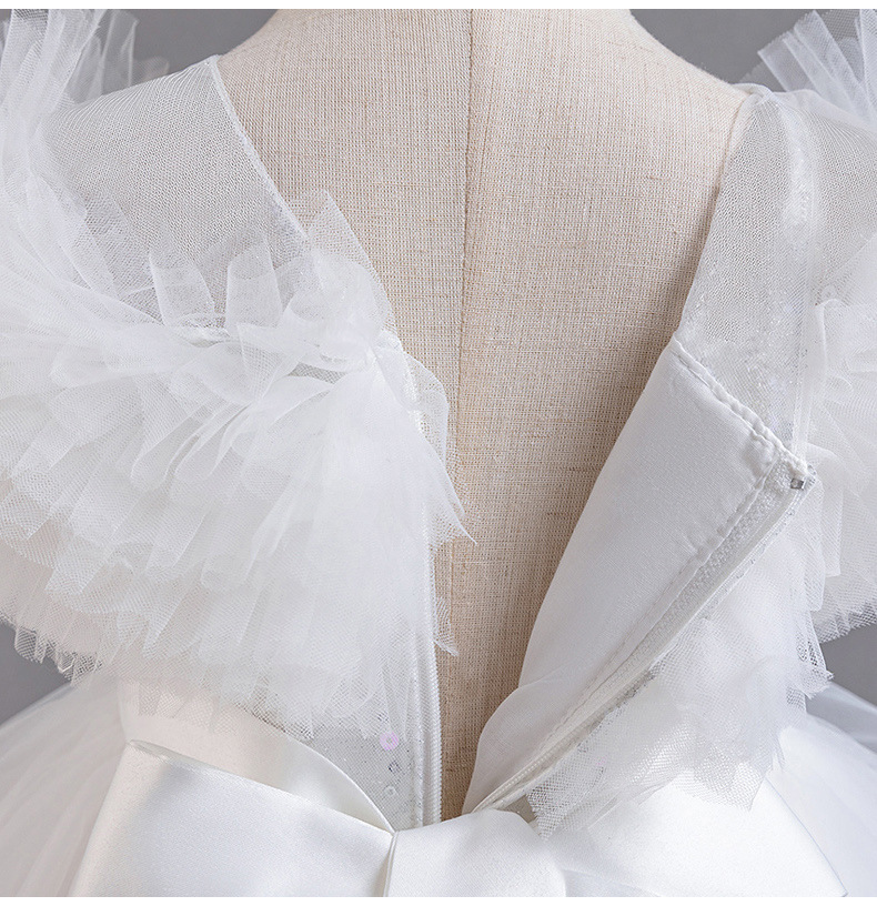 Gd4124- พร้อมส่งจากไทย ชุดออกงานเด็กหญิงสีขาว แขนสวยฟูฟ่อง ทรงสวย กระโปรงติดมุก สุดน่ารัก ชุดราตรีเด็กทรงหน้าสั้น-หลังยาว