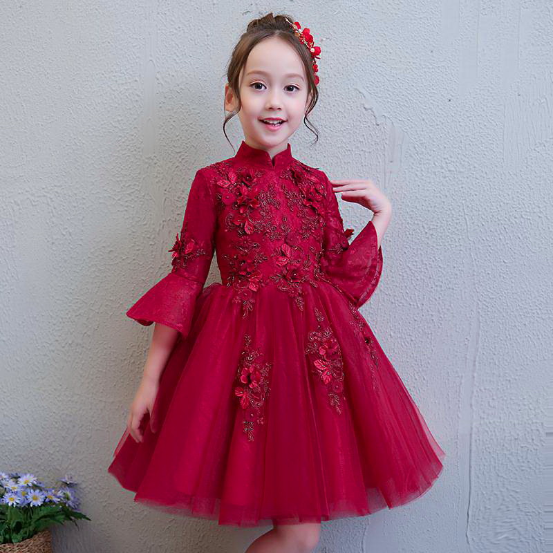 Gd3563- พร้อมส่ง ชุดราตรีเด็กสีแดงเข้ม ชุดออกงานเด็กหญิง ชุดกระโปรงเด็กทรงสั้น แขนยาว แขนและไหล่ซีทรูเบาสบาย ชุดการแสดงเด็ก