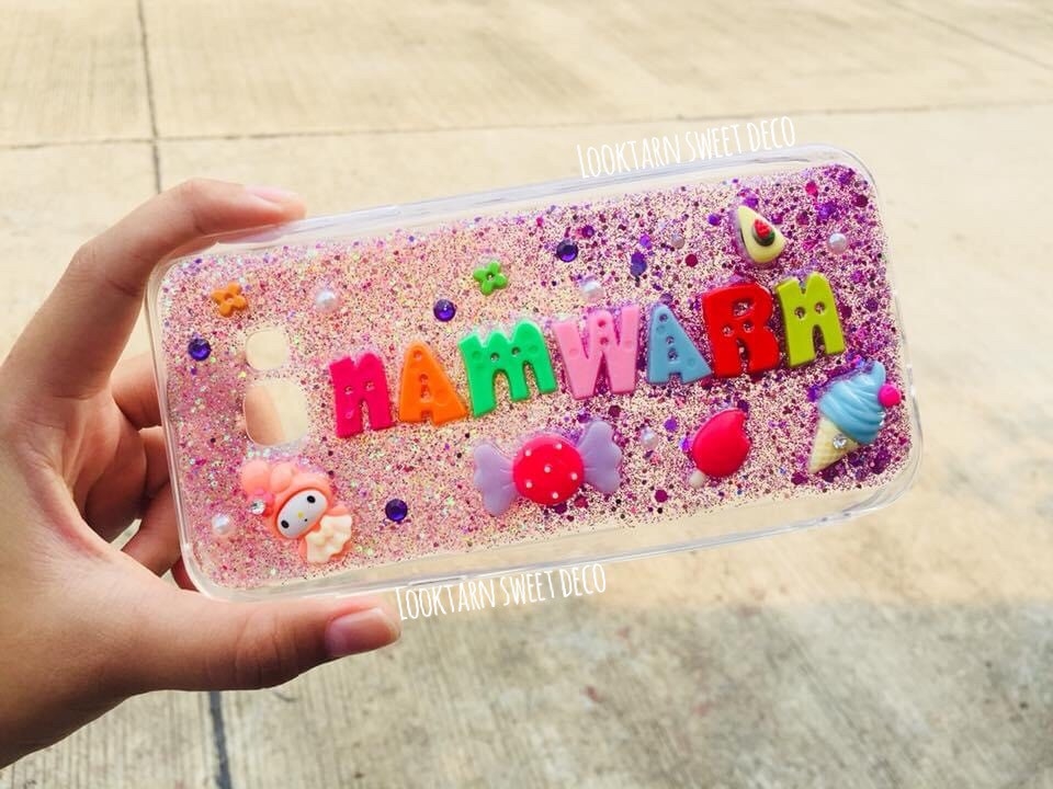 เคสกากเพชรชมพูเข้ม ม่วง ใส อักษรคละสี