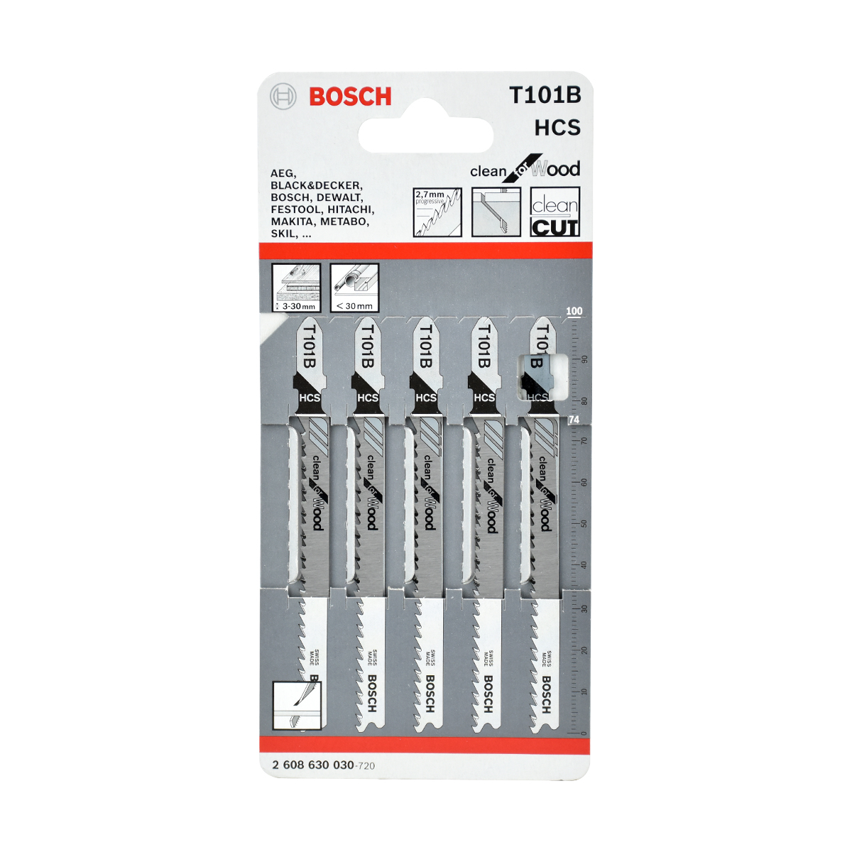 BOSCH ใบเลื่อยฉลุ ไม้ (T 101B) (5 ใบ/แพค) [2608630030]