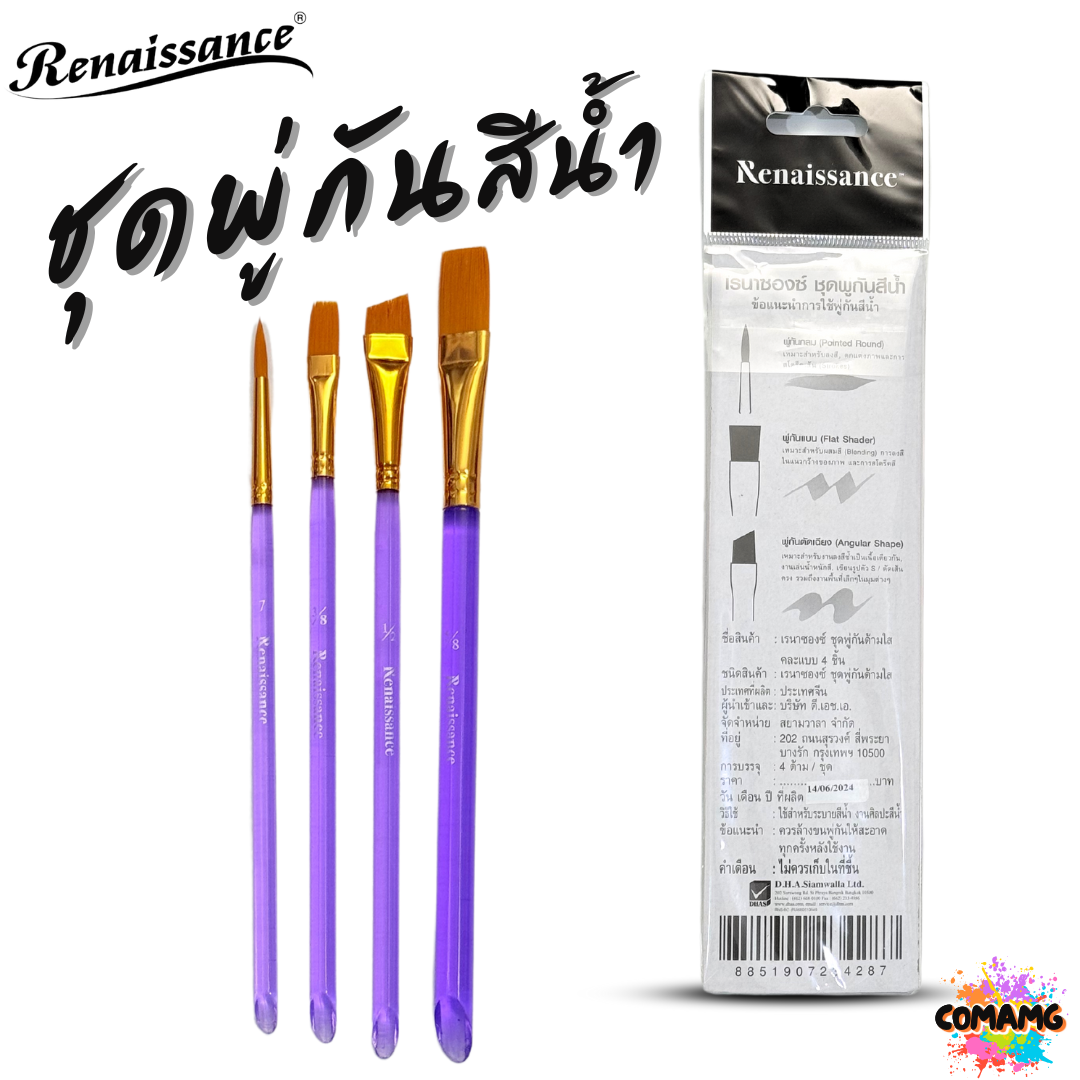 Renaissance ชุดพู่กันสีน้ำ ด้ามใส ทั้งหมด 4ชิ้น คละขนาด พร้อมส่ง