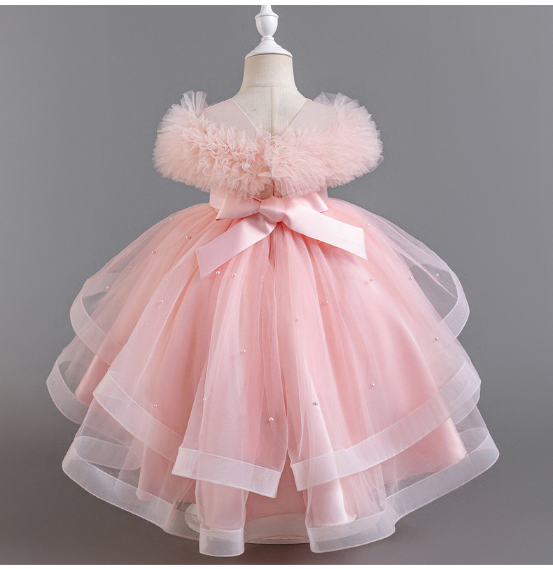 Gd4124- พร้อมส่งจากไทย ชุดออกงานเด็กหญิงสีชมพู แขนสวยฟูฟ่อง ทรงสวย กระโปรงติดมุก สุดน่ารัก ชุดราตรีเด็กทรงหน้าสั้น-หลังยาว