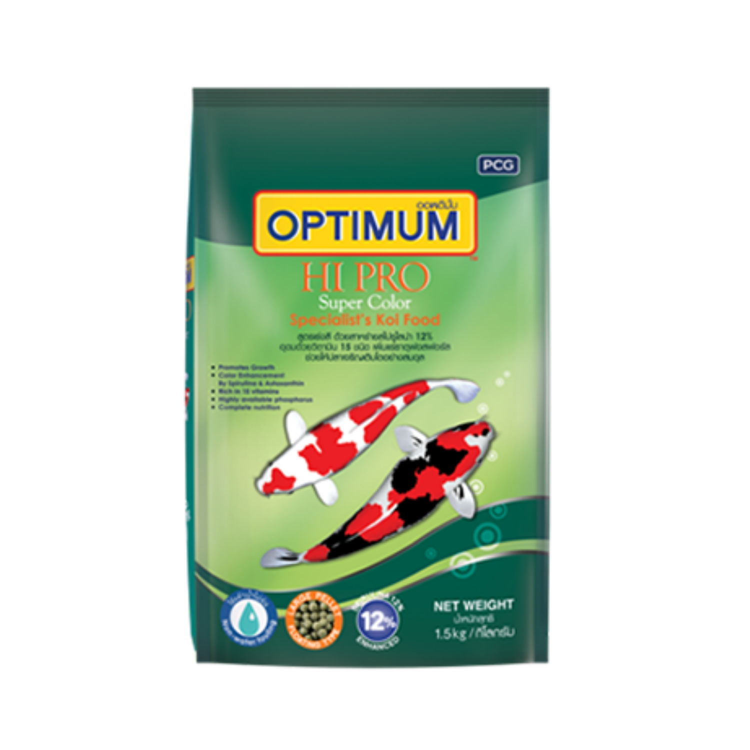 Optimum Hi Pro อาหารปลาคาร์ฟ ออพติมั่ม ไฮโปร สาหร่าย 12% สูตรเร่งสี เร่งโต 1.5KG