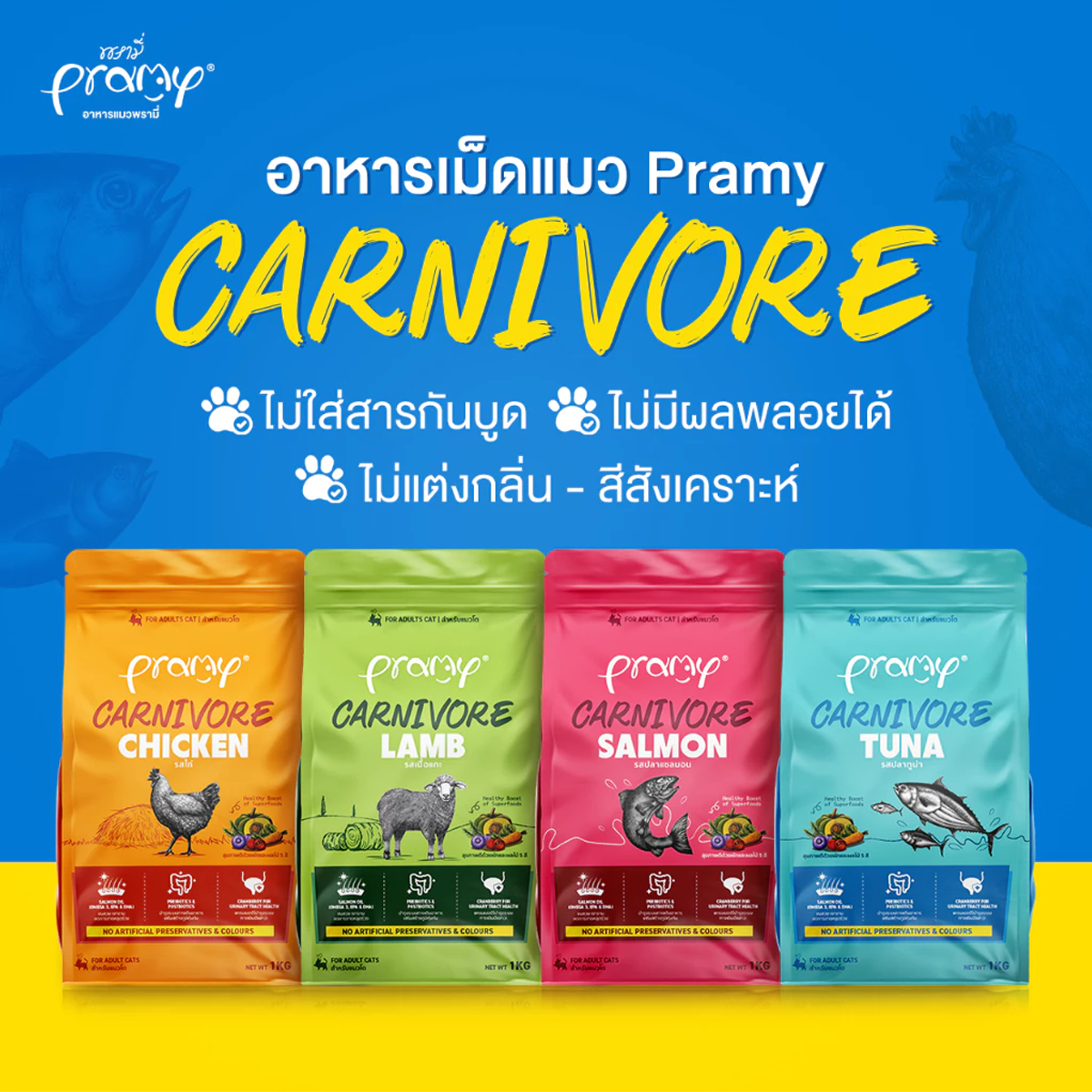 Pramy Carnivore อาหารเม็ดแมวพรามี่ สูตรเน้นเนื้อแท้ โปรตีนสูง เสริมสร้างสุขภาพแบบรอบด้าน ขนาด 1kg สำเนา