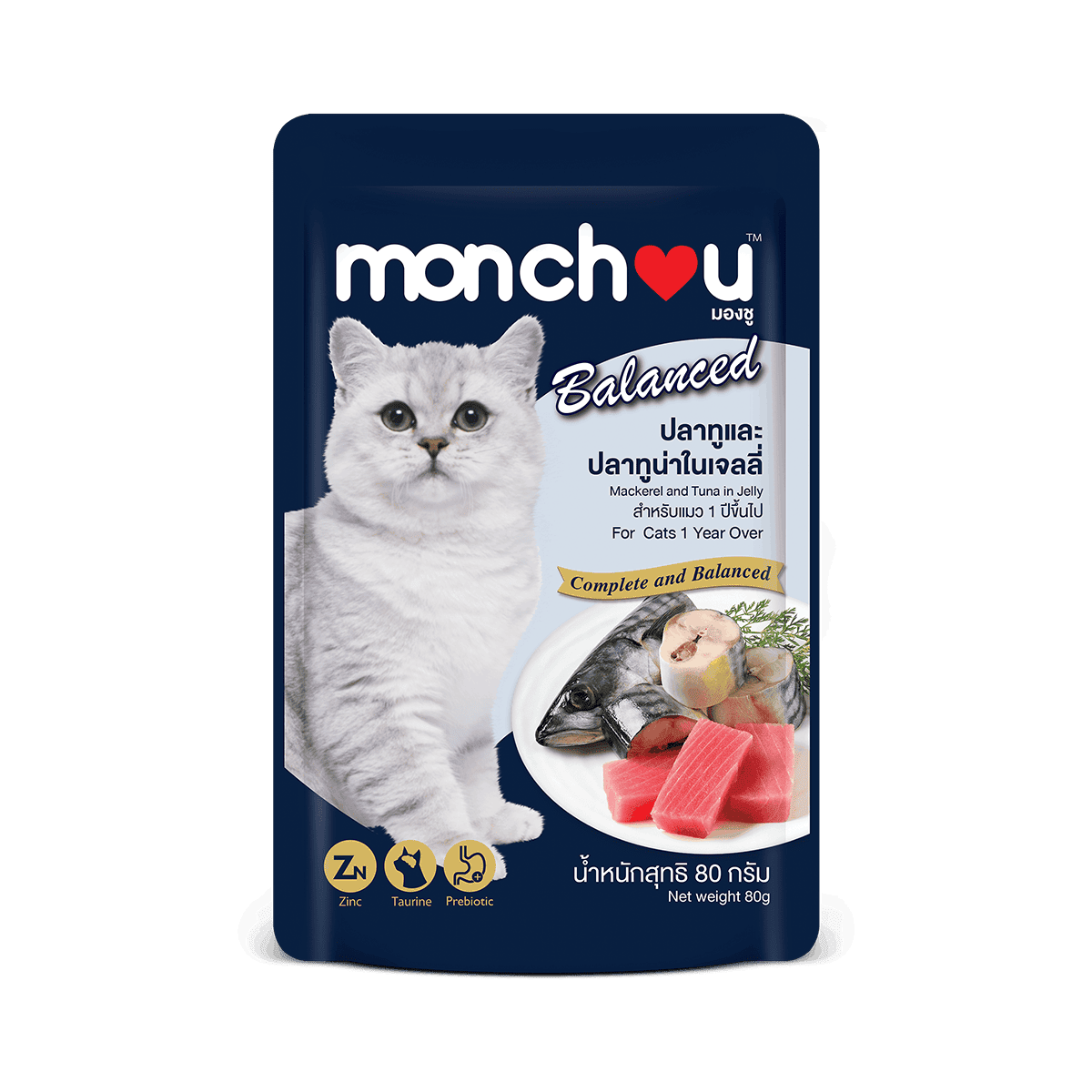 [12 ซอง] Monchou มองชู อาหารแมวเปียก สูตร Balanced 80g อาหารแมวซอง