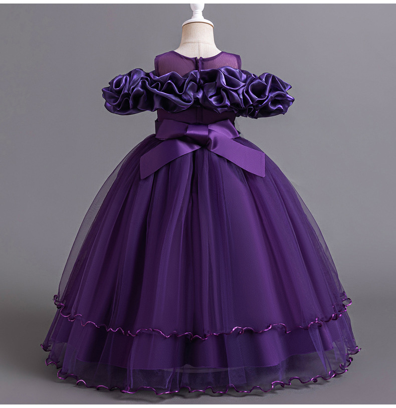 Gd4300- พร้อมส่งจากไทย ชุดออกงานเด็กหญิงสีม่วงเข้ม แขนสวยทรงสวยสุดน่ารัก ชุดราตรีเด็กทรงสั้น และทรงหน้าสั้น-หลังยาว