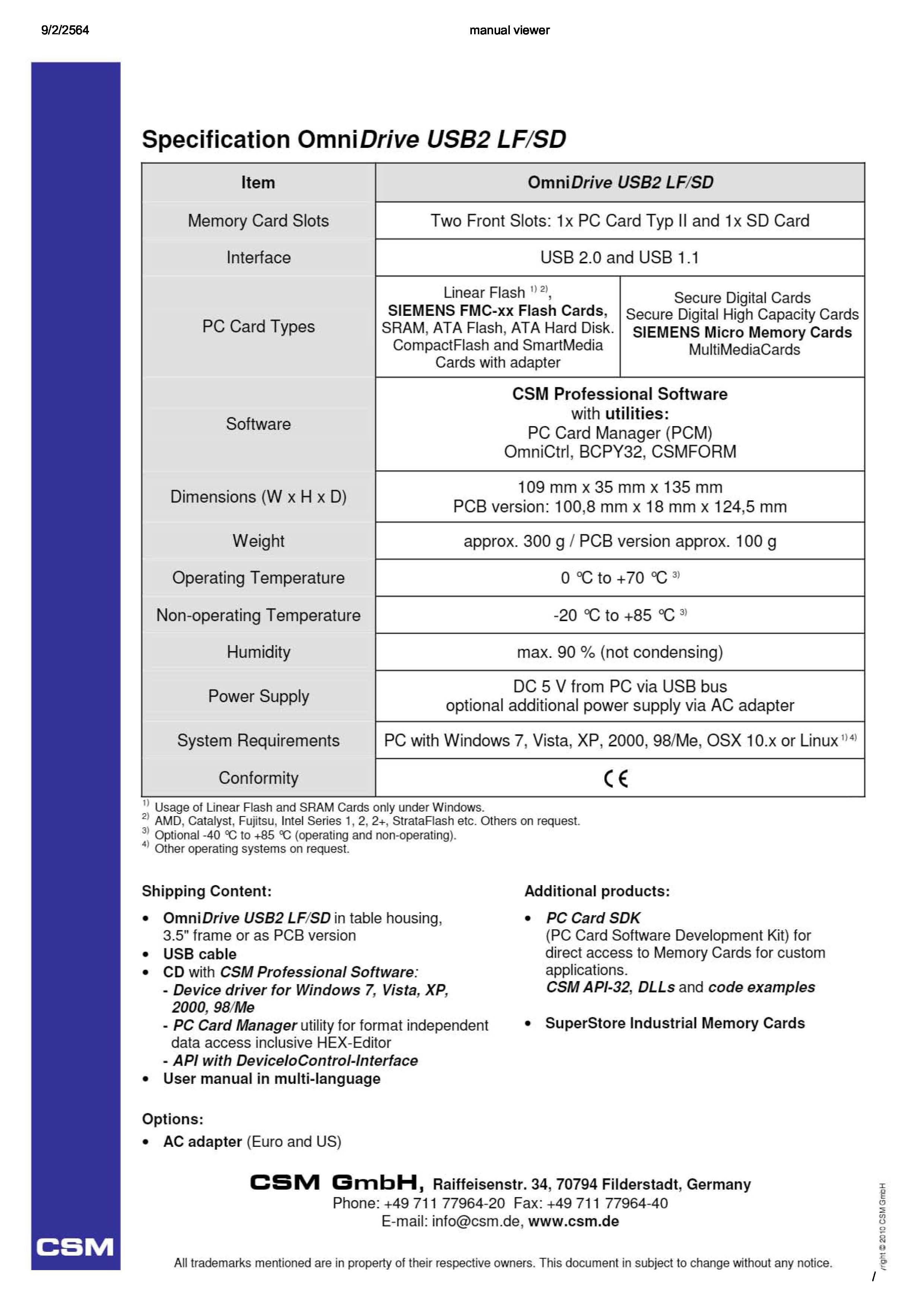 CSM Omnidrive LF USB2 Linear Flash/SRAM/PC Card Reader Write Cards USB 2