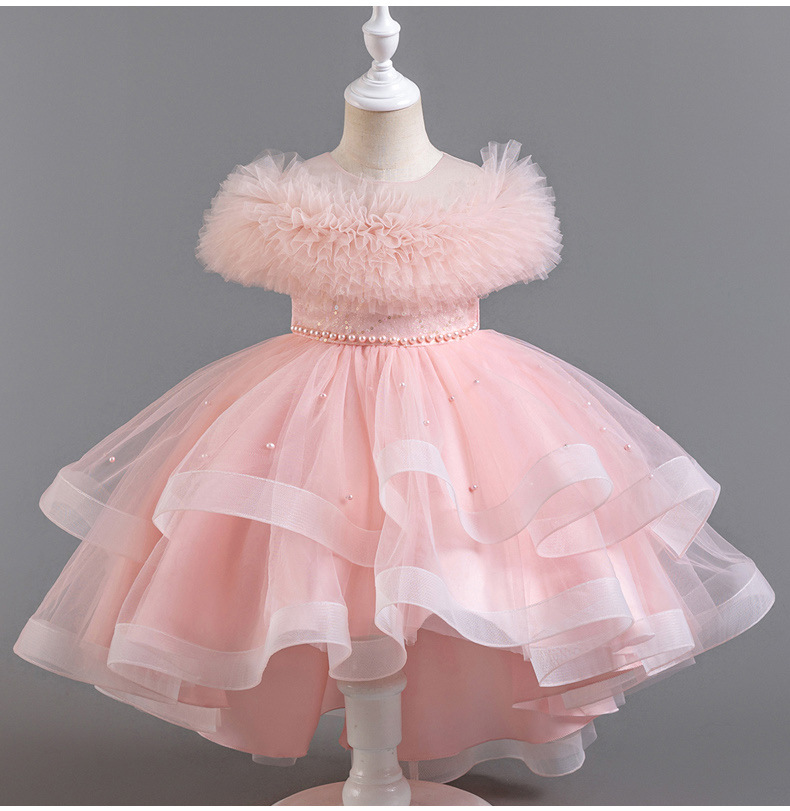 Gd4124- พร้อมส่งจากไทย ชุดออกงานเด็กหญิงสีชมพู แขนสวยฟูฟ่อง ทรงสวย กระโปรงติดมุก สุดน่ารัก ชุดราตรีเด็กทรงหน้าสั้น-หลังยาว