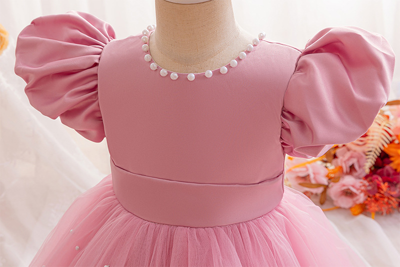 Gd4506- พร้อมส่งจากไทย ชุดออกงานเด็กหญิงสีชมพู แขนตุ๊กตาสวย ทรงสวยมีสไตล์ ชุดราตรีเด็กทรงสั้น