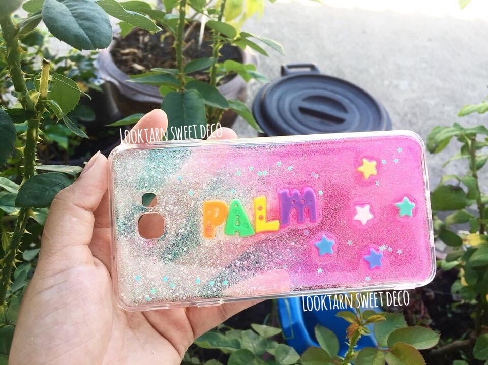 เคสกากเพชรสีขาว ชมพู อักษรคละสี