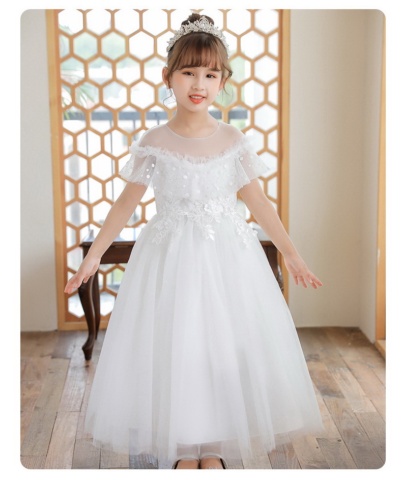 Gd3947- พร้อมส่งจากไทย ชุดออกงานเด็กหญิงสีขาว ลายจุดสวยน่ารัก ดุจเจ้าหญิง ชุดราตรีเด็กทรงยาว ชุดออกงานการแสดง