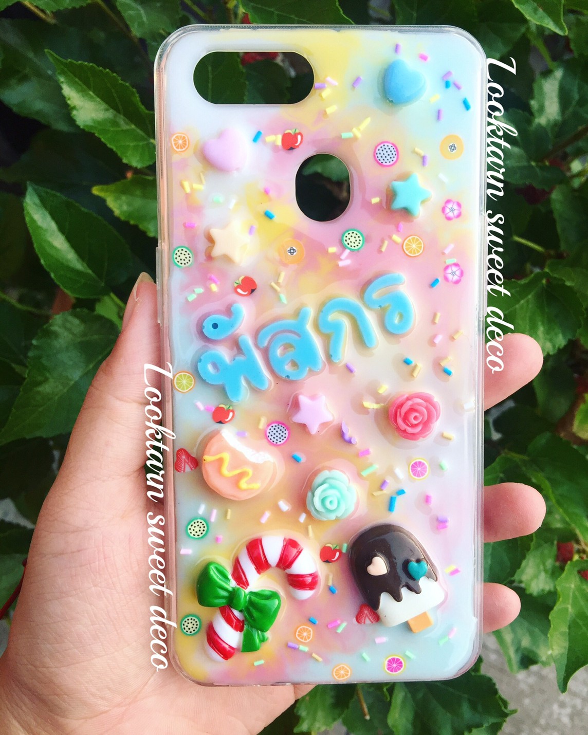 เคสสีขาว ชมพู เหลือง ฟ้า อักษรสีฟ้า