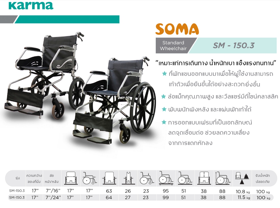 รถเข็นอลูมินัมอัลลอยด์โซม่า รุ่น SOMA 150.3 F16 (WheelChair SOMA 150.3 F16) ล้อหลังเล็ก เหมาะแก่การเดินทาง น้ำหนักเบา แข็งแรงทนทาน ของแท้ รับประกันศูนย์ไทย 1 ปี