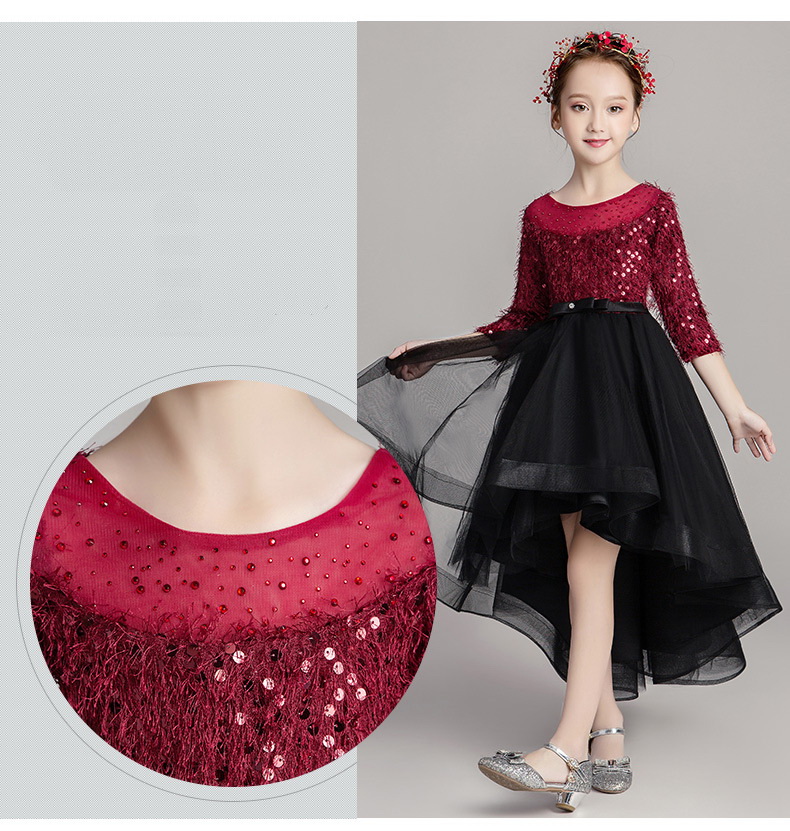 Gd3549- พร้อมส่งจากไทย ชุดออกงานเด็กหญิงสีแดง กระโปรงสีดำ ชุดราตรีเด็ก ทรงหน้าสั้นหลังยาวแบบเดรสหางปลา