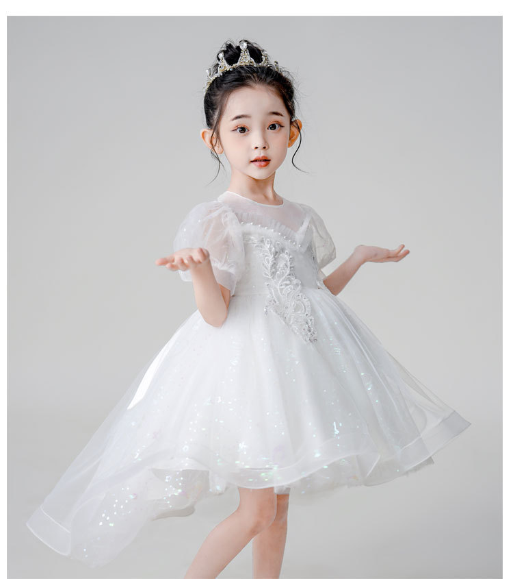 Gd4082- พร้อมส่งจากไทย ชุดออกงานเด็กหญิงสีขาว ตกแต่งเลื่อมสีทองสุดสวยหรู แขนตุ๊กตามน่ารัก ชุดราตรีเด็กทรงยาวและทรงหน้าสั้น-หลังยาวแบบเดรสทรงหางปลา