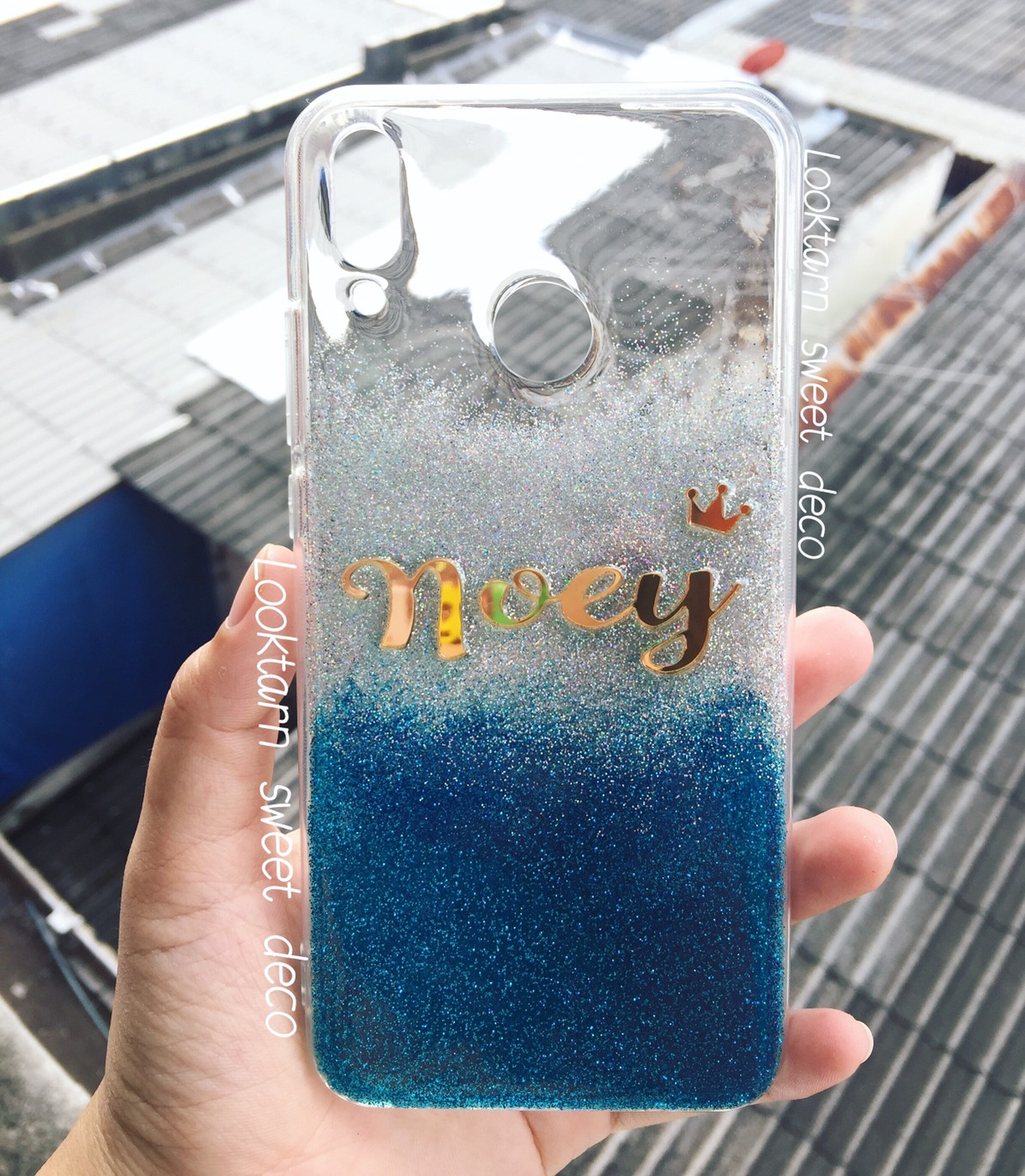 เคสกากเพชรสีฟ้าเข้ม เงิน สีใส อักษรอะคริลิคสีกระจกทองฟ้อนท์ SOV_Thanamas