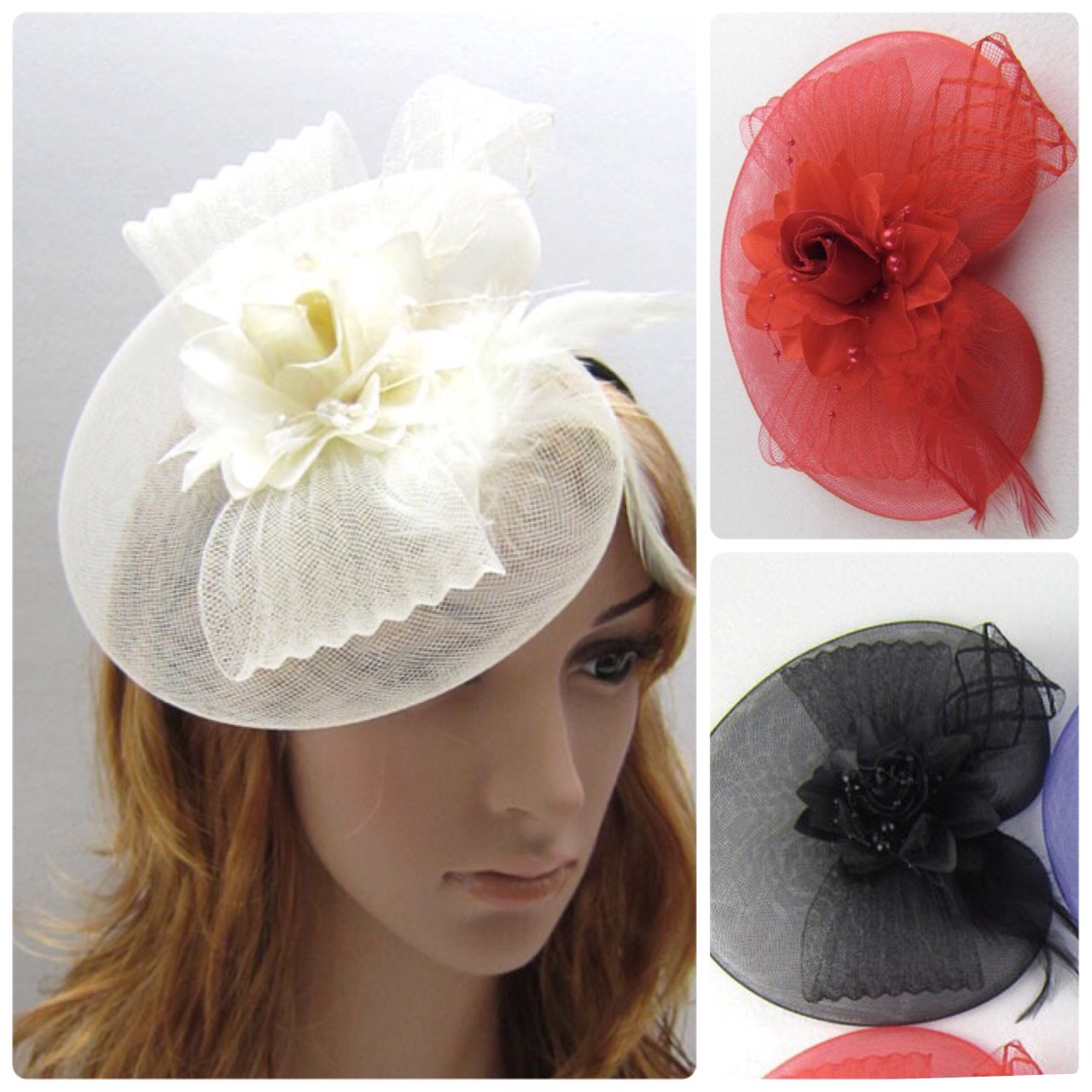 As1530- เครื่องประดับติดผมสีดำ-สีแดง-สีขาวออกสีครีมไอวอรี่ ขนาดกว้างประมาน 14x18ซม.วัสดุดีสวยเลิศหรูดูวินเทจ แนวคล้ายหมวกติดผม มีกิ๊ปและคาดผม ถอดแยกมาให้ประกอบใช้ง่ายๆเลือกใช้ได้สองแบบในสินค้านี้ เลือกเลย (หัวหุ่นมีขนาดเท่าศรีษะเด็ก5-10 ขวบ)