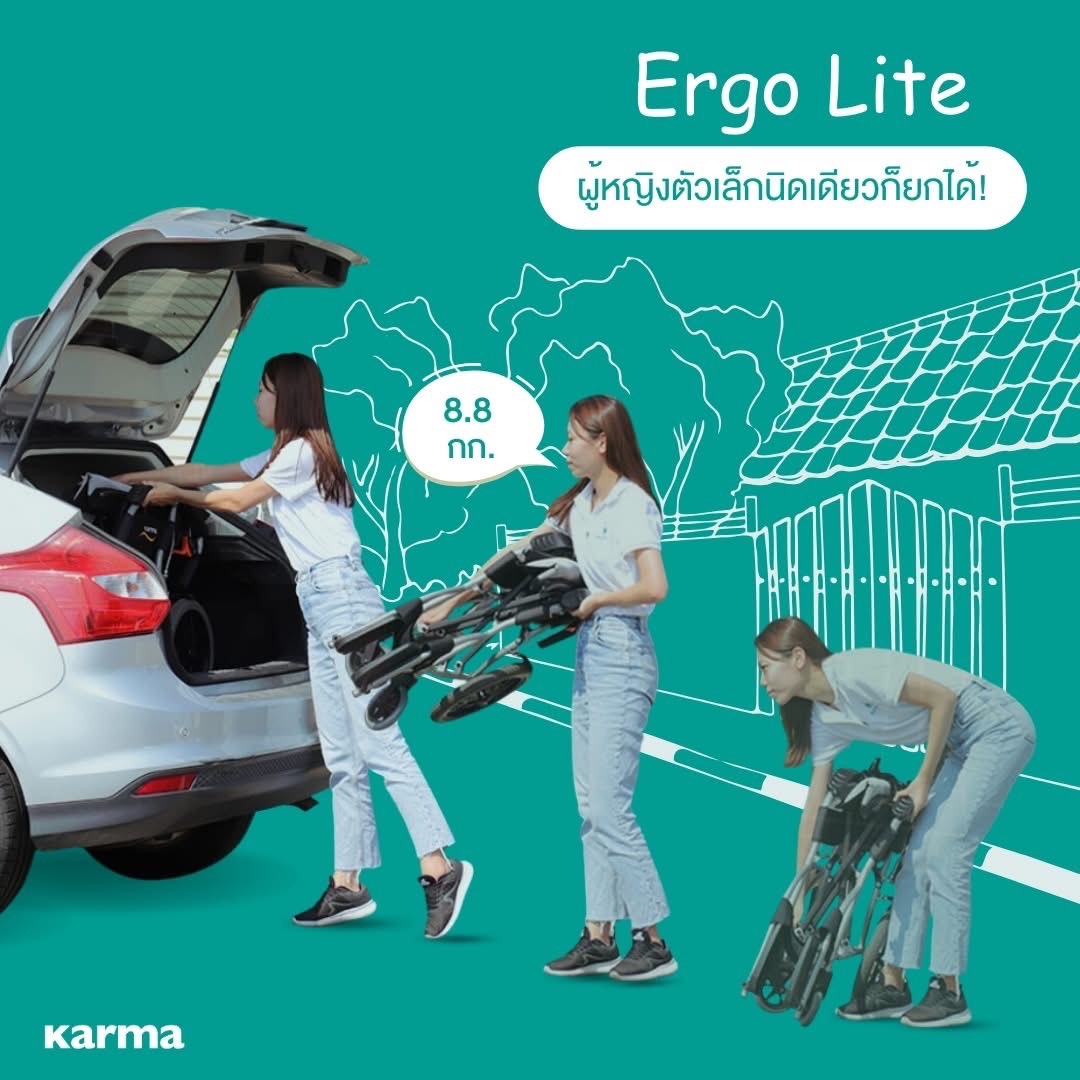 รถเข็นวีลแชร์น้ำหนักเบา พับได้ อลูมินัมอัลลอยด์คาร์ม่า รุ่น Ergo Lite (WheelChair KARMA Ergo Lite) น้ำหนักเบาเพียง 8.5 กก. เบากว่าทุกรุ่นของคาร์ม่า เหมาะสำหรับเดินทาง ของแท้ รับประกันศูนย์ไทย 5 ปี (รุ่นยอดนิยม)