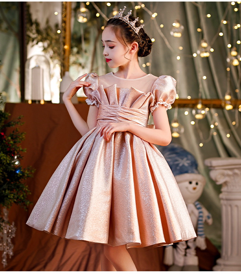 Gd4523- พร้อมส่งจากไทย ชุดออกงานเด็กหญิงสีชมพู แบบชมพูโรสโกลด์ หรือสีพิ้งค์โกลด์ สีสวยผ้าสวยสุดหรูหรา โบว์แยกจากชุดได้ ชุดราตรีเด็กทรงสั้น