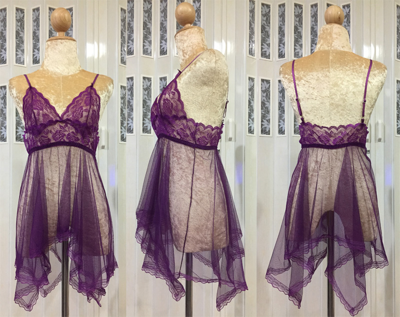 ชุดนอนซีทรู (See Through) สายเดี่ยว สีม่วง ชายระบายเป็นลูกไม้ ภาพสินค้าจริง