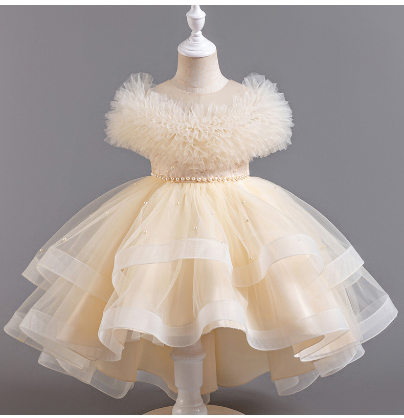 Gd4124- พร้อมส่งจากไทย ชุดออกงานเด็กหญิงสีครีม แขนสวยฟูฟ่อง ทรงสวย กระโปรงติดมุก สุดน่ารัก ชุดราตรีเด็กทรงหน้าสั้น-หลังยาว