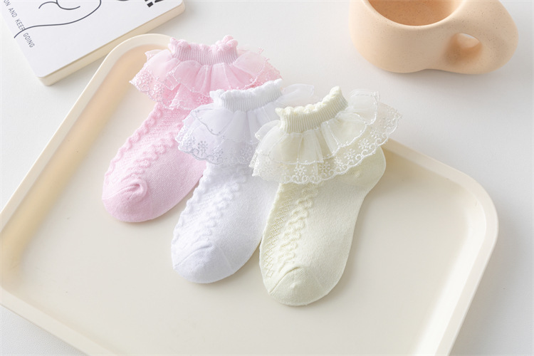 P5001- พร้อมส่งจากไทย ถุงเท้าลูกไม้เด็ก ระบายลูกไม้ แต่งลายลูกไม้น่ารัก ผ้ายืดหยุ่นนุ่มนวล สำหรับเด็ก1-12 ปี (ข้อสั้นตามภาพแบบ)