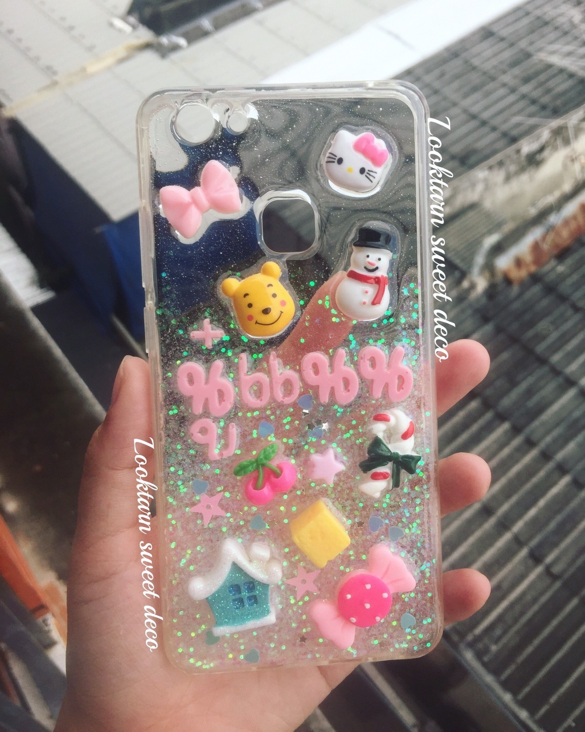 เคสกากเพชรขาวไล่ใส อักษรสีชมพู