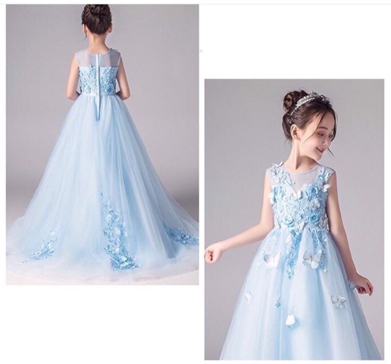 Gd32861-1 พร้อมส่งชุดเดรสออกงานเด็กสีฟ้า แบบหน้ายาว-หลังยาว